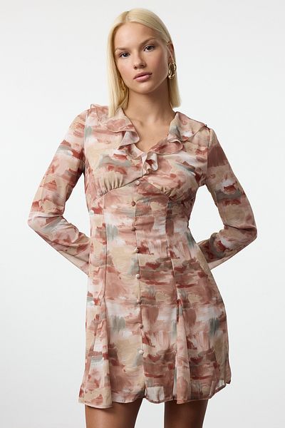Trendyol Collection A-Line Abstract Pattern Καφέ Μίνι Φόρεμα - Φόδρα, Υφαντό, Twoaw25El00477