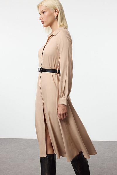 Trendyol Collection Φόρεμα πουκάμισο με ζώνη Camel