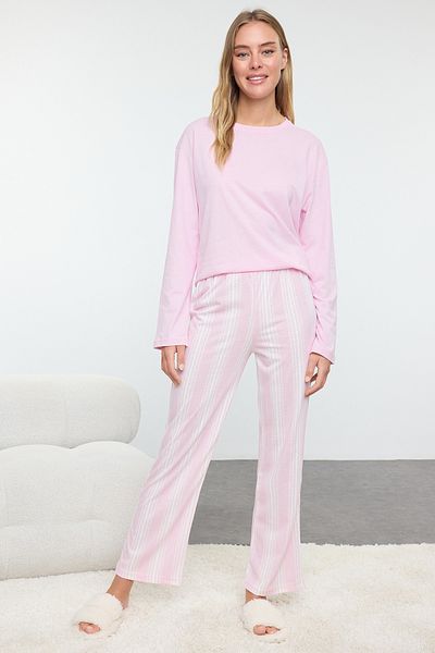 Trendyol Collection Růžový 100% bavlněný pruhovaný pletený pyžamový set Thmaw25Pt00188