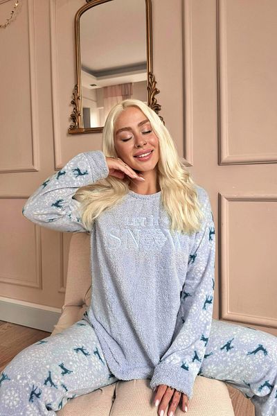 Pijamaevi Set de pijamale de pluș pentru femei cu model Let It Snow, albastru