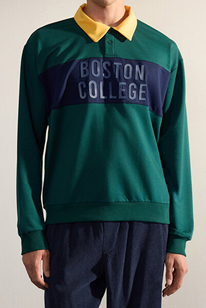 Trendyol Collection Σμαραγδένιο πράσινο oversized / Φούτερ με φαρδύ λαιμόκοψη Polo με τύπωμα βαμβακερό φούτερ TMNAW25SW00027