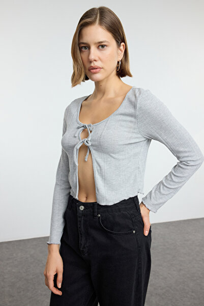 Trendyol Collection Flexible Gray Knitted Blouse - Lacing Detail, Fitted Twoaw25Bz00261