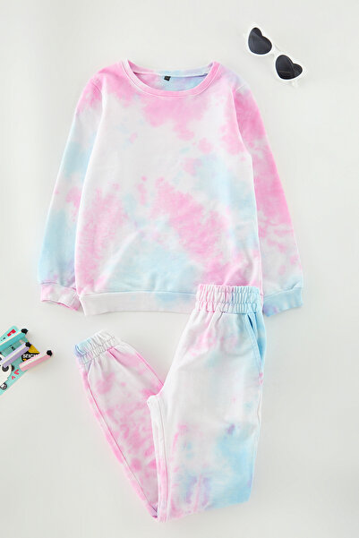 TRENDYOLKIDS Rózsaszín lány nyakkendőfesték kötött alsó-felső szett TKDAW25AU00116