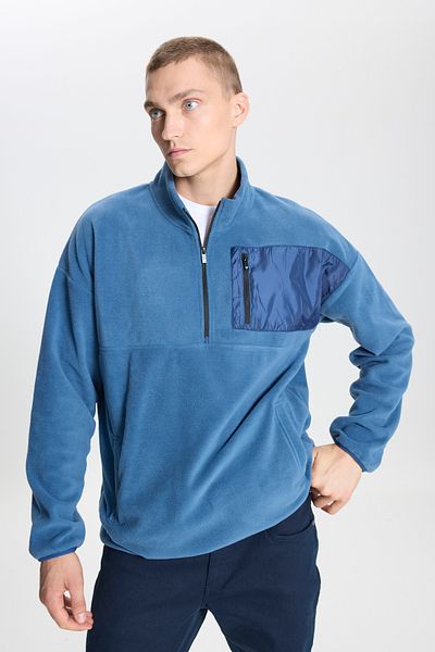 AC&Co / Altınyıldız Classics Ανδρικό φούτερ Indigo Oversize Loose Cut Stand-Up Bato με γιακά τσέπη με λεπτομερή φερμουάρ που διατηρεί ζεστό φλις φούτερ