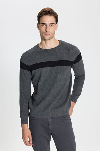 AC&Co / Altınyıldız Classics Anthrazit-schwarzer gemusterter Strickpullover für Herren in Standard-Passform mit normalem Schnitt und Rundhalsausschnitt