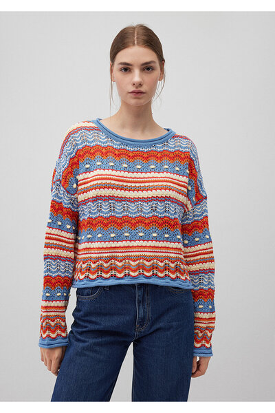 Mavi Jakarlı Kırmızı Kazak Loose Fit / Bol Rahat Kesim 1710154-70460