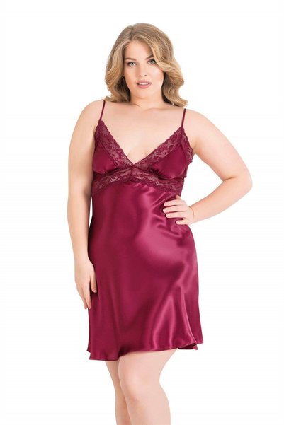 PRIMODA Plus Size Burgundy Short Satin Nightgown 2065