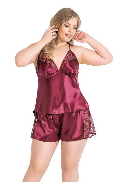 PRIMODA Set de pantaloni scurți pentru babydoll din satin burgundă de mărime Plus 1059