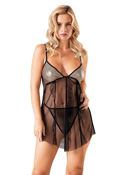 PRIMODA Cămașă de noapte neagră scurtă din tul 4237