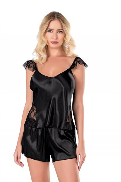 PRIMODA Black Satin Babydoll Shorts Set 9107
