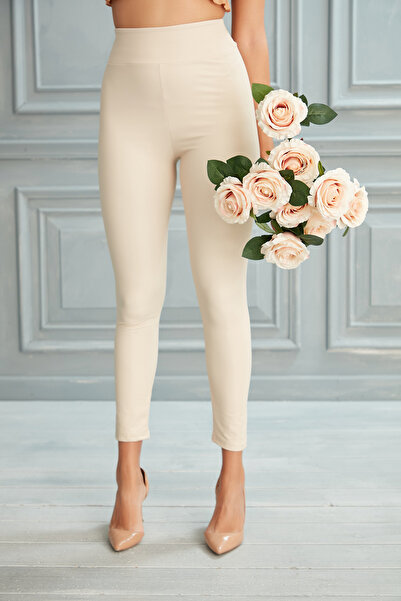 KAŞİHA Kadın Krem Mat Deri Yüksek Bel Toparlayıcı Tayt