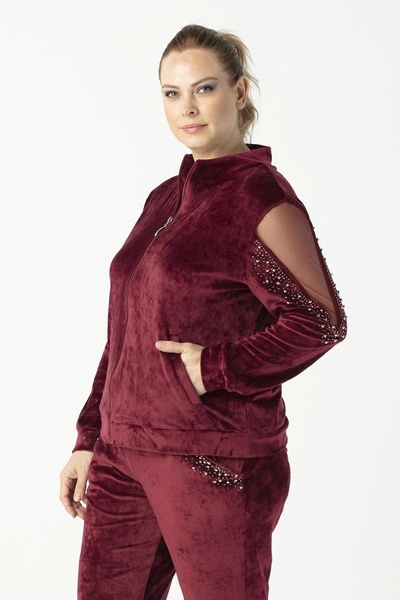 Moda Berray 1950 Kolları Taşlı Tam Kalıp Tarz Kadife Büyük Beden Eşofman Takım Bordo