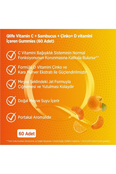 Qlife Vitamin C, Sambucus, Çinko, D Vitamini Gummies 60 adet