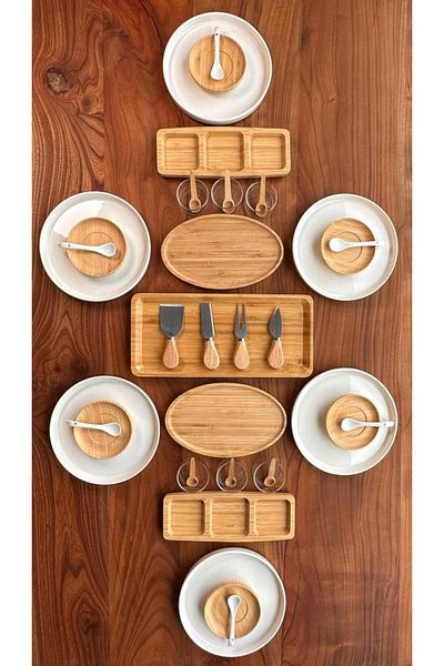 Bambum Atbyhome 6-Person 39 Piece Ceramic - Bamboo Breakfast Set - Luxury Breakfast Presentation Set
