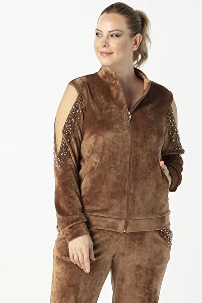 Moda Berray 1950 Kolları Taşlı Tam Kalıp Tarz Kadife Büyük Beden Eşofman Takı...