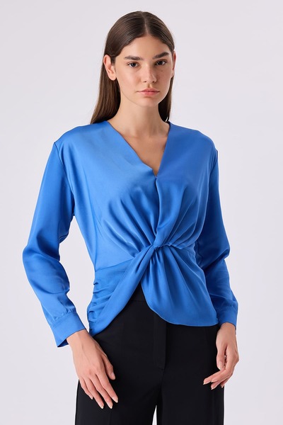 FEVER V yaka drapeli saten bluz