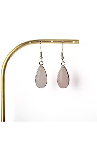 Paleo Pembe Kuvars Taşlı Doğal Taş Çelik Küpe, Damla Şeklinde