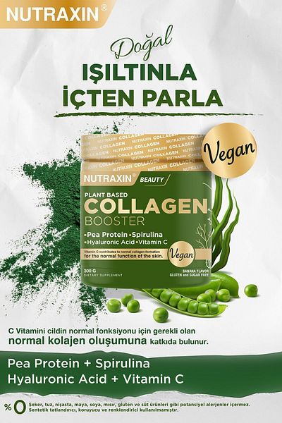 Nutraxin Vegan Protein Booster 300 Gr - Pea Protein, Spirulina, Vitamin C, Hyaluronic Acid