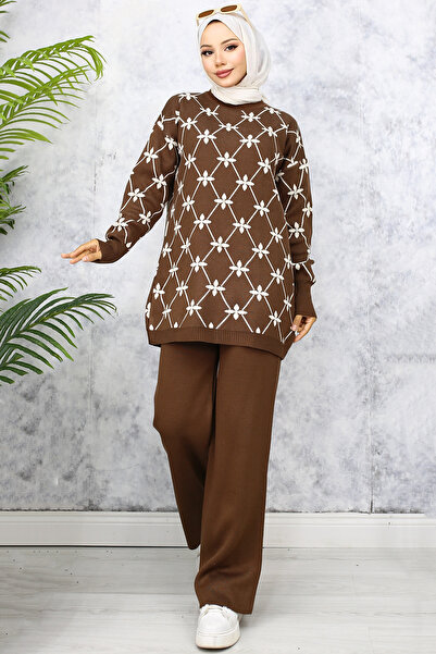 benguen 6212 Model Brown Stone Detailed Floral Patterned Knitwear Set