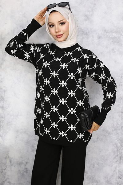 benguen 6212 Floral Patterned Stone Knitwear Set Black