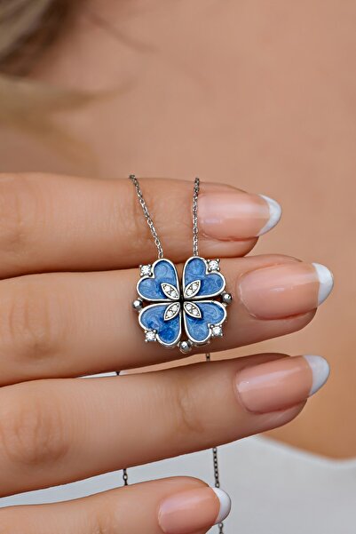 Nereze 925 Ayar Gümüş Mıknatıslı Ayrılabilir Mavi Mineli 4 Kalpli Yonca Kolye