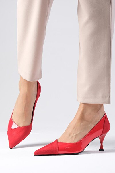 Mio Gusto Wendy Red Color Suede and Patent Leather Women's Heeled Shoes