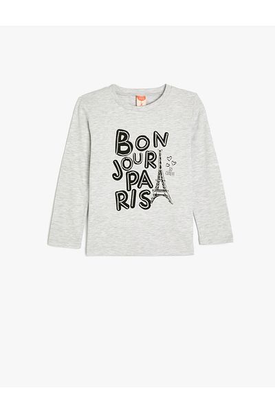 Koton Cotton Long Sleeve T-Shirt - Slogan Printed, Crew Neck