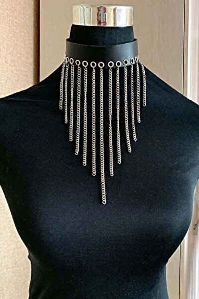 Motto10butik Zincirli Deri Choker, Şık Deri Tasma - APFT629