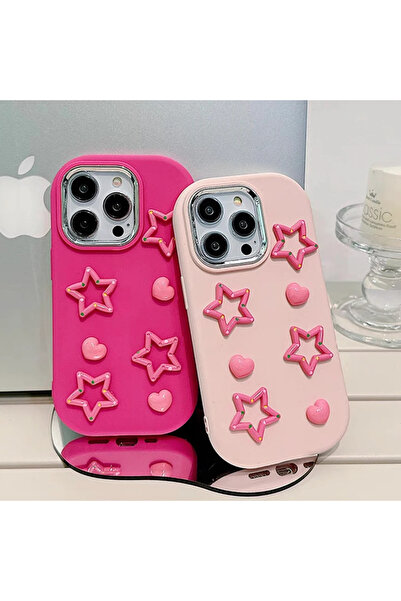 OSG iPhone 16 Pro Max Compatible Shock Absorbing Structure 3D Pink Stars Character Protective Luxury Case