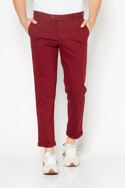 ZNT18 Men Regular Fit Plain Chino Pants, Dark Red