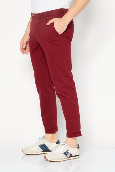 ZNT18 Men Regular Fit Plain Chino Pants, Dark Red