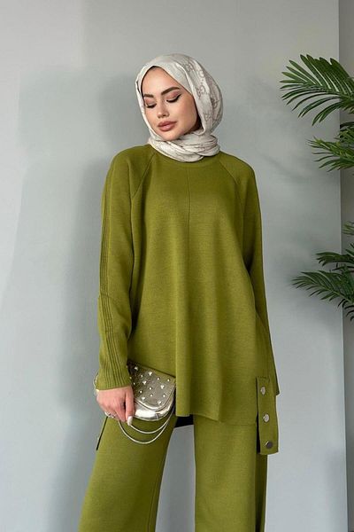 Şule Giyim Metal Buttoned Knitwear Set Oil Green