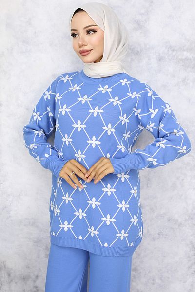 benguen Set de tricotaje din piatră cu model de flori albastre - 6212