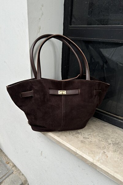 LEONAS Gerçek Süet Deri Kadın Uzun Askılı Mıknatıs Kapamalı El ve Omuz Çantası Havana Acı Kahve