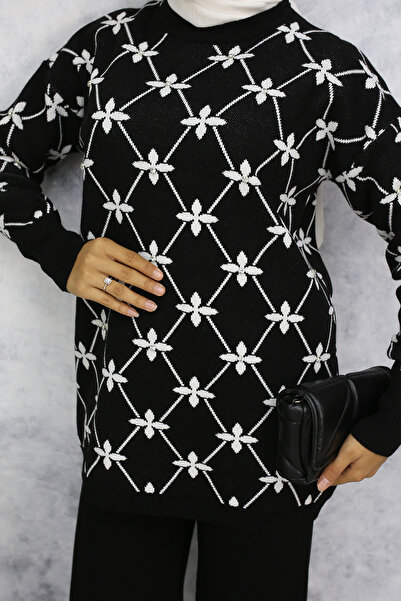 benguen 6212 Floral Patterned Stone Knitwear Set Black