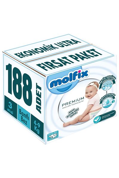 Molfix Premium Baby Diaper Size:3 (4-9kg) Midi 188 Pieces Economic Ultra Opportunity Package