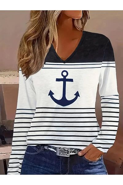 Trendusfashion Μπλούζα κατάδυσης με μακρυμάνικη λαιμόκοψη V με στάμπα