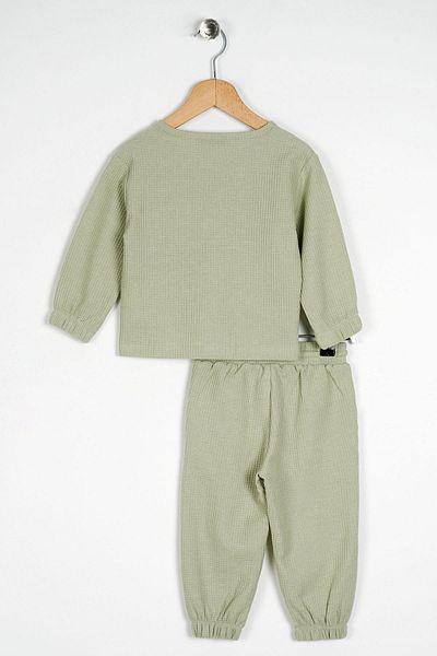 zepkids Crew Neck Long Sleeve Embroidered Sleeve and Elastic Leg Cagla Green Color Boy's Double Set