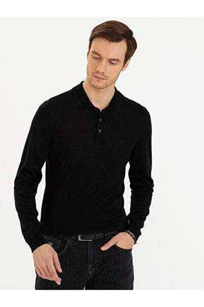 Cacharel Black Slim Fit Polo Neck Basic Knitwear Sweater 50229756-Vr046