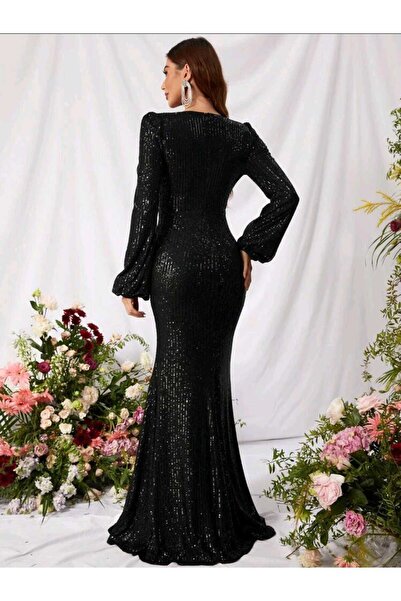 MODAS V YAKA UZUN KOLLU PUL PAYET ABİYE ELBİSE