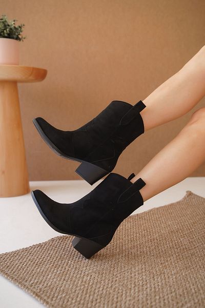 MODAADAM Suede Cowboy Boots - Γυναικείες μαύρες σουέτ μπότες Lover
