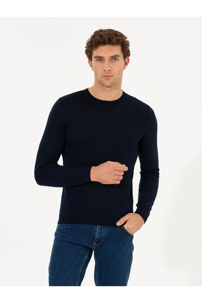 Cacharel Navy Blue Slim Fit Crew Neck Basic Knitwear Sweater 50237038-Vr033