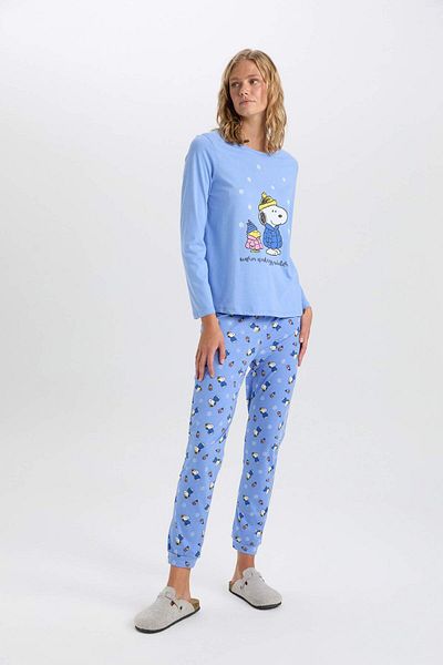 DeFacto Dfc - Women's Fall in Love Snoopy Regular Fit Crew Neck Long Sleeve Top Bottom Pajamas Set