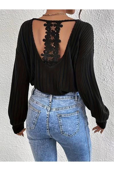 Kokosh moda Γυναικεία μακρυμάνικη λαιμόκοψη V-λαιμόκοψη παράθυρο πίσω δαντέλα Λεπτομέρεια χοντρή ριμπ μπλούζα καμιζόλα