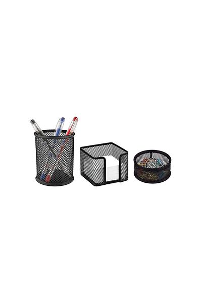 Bion Table Set Paper Clip-Paper Holder-Pencil Holder Metal Perforated Black Set of 3