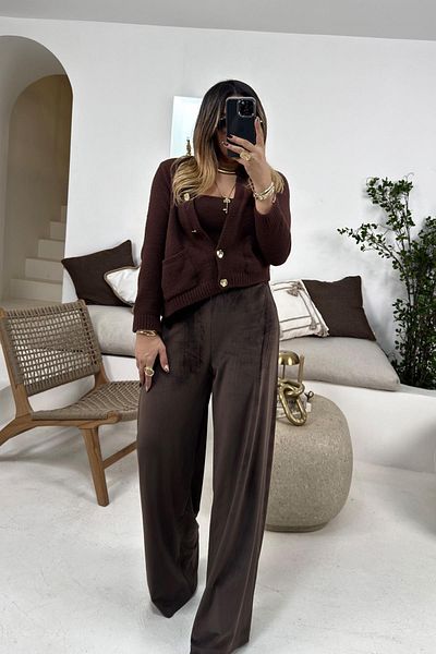 Sohotique By P Bitter Brown Velvet Wide Leg Trousers