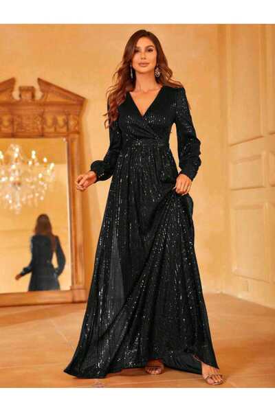 MODAS UZUN KOL KRUVAZE YAKA PUL PAYET ABİYE ELBİSE