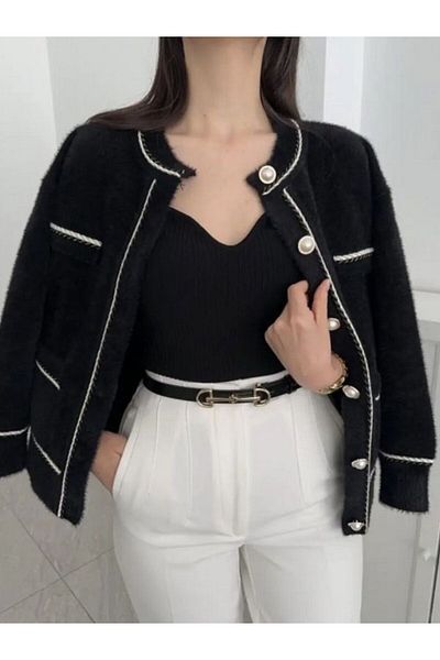 NATUFIAN STORE Guler pentru bebeluși, nasturi perle, buzunare duble, tricotaje pentru femei, cardigan