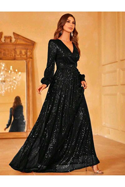 MODAS UZUN KOL KRUVAZE YAKA PUL PAYET ABİYE ELBİSE