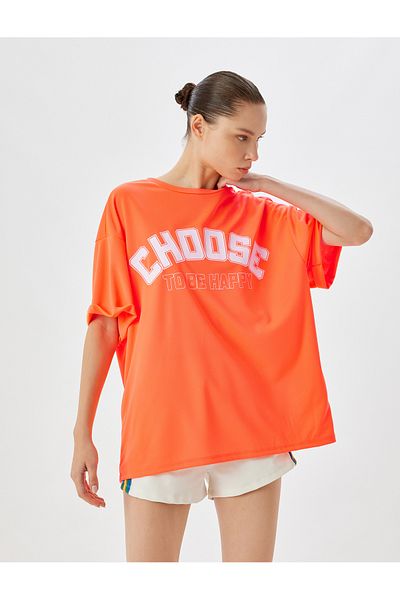 Koton Tricou sport supradimensionat cu mânecă scurtă cu decolteu - Imprimat cu slogan